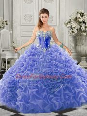 Stunning Sweetheart Sleeveless Court Train Lace Up Ball Gown Prom Dress Blue Organza
