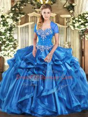 Sleeveless Organza Floor Length Lace Up Quinceanera Gown in Baby Blue with Beading and Ruffles