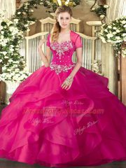 Floor Length Hot Pink Quinceanera Gown Tulle Sleeveless Beading and Ruffles