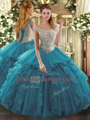 Decent Off The Shoulder Sleeveless Sweet 16 Quinceanera Dress Floor Length Beading and Ruffles Teal Tulle