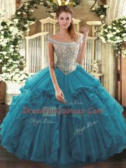Decent Off The Shoulder Sleeveless Sweet 16 Quinceanera Dress Floor Length Beading and Ruffles Teal Tulle