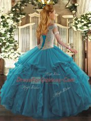 Decent Off The Shoulder Sleeveless Sweet 16 Quinceanera Dress Floor Length Beading and Ruffles Teal Tulle
