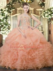Cute Organza Sleeveless Floor Length 15 Quinceanera Dress and Beading and Ruffles and Pick Ups