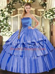 Blue Ball Gowns Ruffled Layers Quinceanera Gowns Lace Up Organza Sleeveless Floor Length