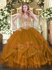 Brown Tulle Lace Up Sweetheart Sleeveless Floor Length Quinceanera Gowns Beading and Ruffles