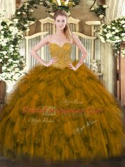 Customized Brown Ball Gowns Beading and Ruffles Sweet 16 Dress Lace Up Organza Sleeveless Floor Length