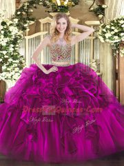 Scoop Sleeveless Quinceanera Dresses Floor Length Beading and Ruffles Fuchsia Organza