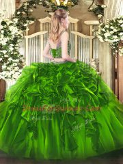 Scoop Sleeveless Quinceanera Dresses Floor Length Beading and Ruffles Fuchsia Organza