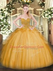Adorable Sleeveless Tulle Floor Length Lace Up Sweet 16 Dress in Gold with Lace