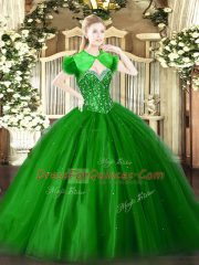 Super Green Ball Gowns Sweetheart Sleeveless Tulle Floor Length Lace Up Beading Sweet 16 Dress