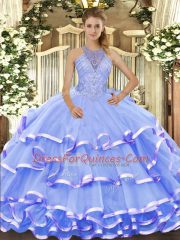 Sleeveless Organza Floor Length Lace Up Quinceanera Gowns in Blue with Beading and Ruffled Layers