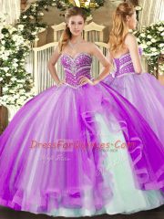 Lavender Sleeveless Floor Length Beading and Ruffles Lace Up Quinceanera Dress