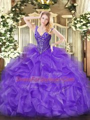 Nice Lavender Ball Gowns V-neck Sleeveless Organza Floor Length Lace Up Beading and Ruffles Sweet 16 Dresses