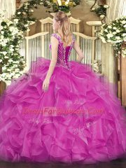 Nice Lavender Ball Gowns V-neck Sleeveless Organza Floor Length Lace Up Beading and Ruffles Sweet 16 Dresses