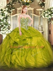 Olive Green Lace Up Sweetheart Beading and Ruffles 15 Quinceanera Dress Organza Sleeveless