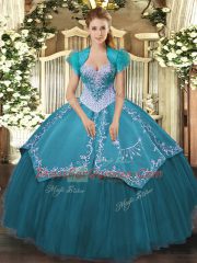 Chic Sleeveless Satin and Tulle Floor Length Lace Up Sweet 16 Dress in Teal with Beading and Embroidery