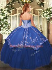 Chic Sleeveless Satin and Tulle Floor Length Lace Up Sweet 16 Dress in Teal with Beading and Embroidery