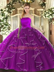 Free and Easy Sleeveless Floor Length Ruffles Lace Up Quinceanera Dresses with Purple