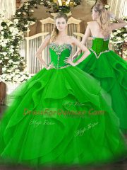 Best Selling Green Sweetheart Lace Up Beading and Ruffles Quince Ball Gowns Sleeveless