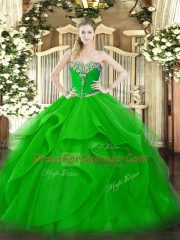 Best Selling Green Sweetheart Lace Up Beading and Ruffles Quince Ball Gowns Sleeveless