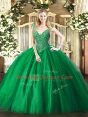 Green Ball Gowns Tulle V-neck Sleeveless Beading Floor Length Lace Up Vestidos de Quinceanera