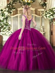 Green Ball Gowns Tulle V-neck Sleeveless Beading Floor Length Lace Up Vestidos de Quinceanera