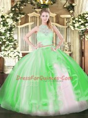 Green Two Pieces Tulle Scoop Sleeveless Lace and Ruffles Floor Length Zipper 15 Quinceanera Dress