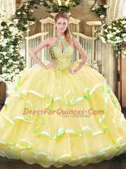 Beading and Ruffled Layers Quinceanera Dresses Yellow Lace Up Sleeveless Floor Length
