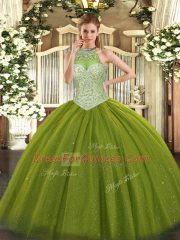 Top Selling Olive Green Tulle Lace Up Quinceanera Dress Sleeveless Floor Length Beading