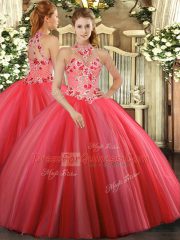Floor Length Ball Gowns Sleeveless Coral Red Sweet 16 Dress Lace Up