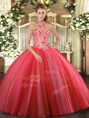 Floor Length Ball Gowns Sleeveless Coral Red Sweet 16 Dress Lace Up