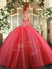 Floor Length Ball Gowns Sleeveless Coral Red Sweet 16 Dress Lace Up