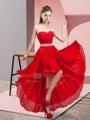 Fashionable Wine Red A-line Beading Prom Dress Lace Up Chiffon Sleeveless High Low