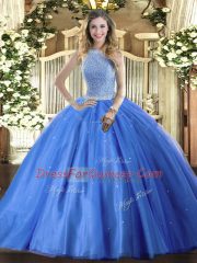 Smart Tulle High-neck Sleeveless Lace Up Beading Sweet 16 Dress in Baby Blue