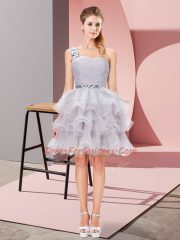 Ideal Grey One Shoulder Lace Up Beading and Ruffled Layers Prom Dress Sleeveless