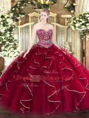 Wine Red Sleeveless Tulle Lace Up Quinceanera Gown for Military Ball and Sweet 16 and Quinceanera