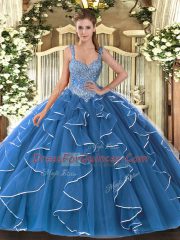 Admirable Blue Ball Gowns Tulle V-neck Sleeveless Beading and Ruffles Floor Length Lace Up Quinceanera Dresses