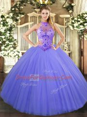 Great Lavender Tulle Lace Up Halter Top Sleeveless Floor Length Vestidos de Quinceanera Beading and Embroidery