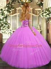 Great Lavender Tulle Lace Up Halter Top Sleeveless Floor Length Vestidos de Quinceanera Beading and Embroidery