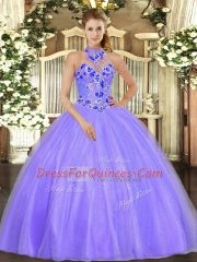 Stunning Floor Length Lavender Quinceanera Gowns Halter Top Sleeveless Lace Up