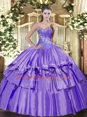 Flirting Lavender Organza and Taffeta Lace Up Sweetheart Sleeveless Floor Length Sweet 16 Dress Beading and Ruffled Layers