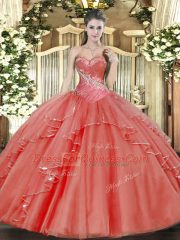 Coral Red Lace Up Sweetheart Beading and Ruffled Layers Quinceanera Dress Tulle Sleeveless