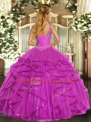 Affordable Hot Pink Ball Gowns V-neck Sleeveless Tulle Floor Length Lace Up Beading and Ruffles Quinceanera Dress