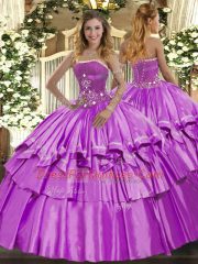 Lilac Strapless Neckline Beading and Ruffled Layers Sweet 16 Quinceanera Dress Sleeveless Lace Up