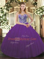 Exquisite Floor Length Lace Up Quince Ball Gowns Purple for Military Ball and Sweet 16 and Quinceanera with Beading