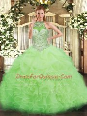 Latest Halter Top Sleeveless Organza Sweet 16 Quinceanera Dress Beading and Ruffles and Pick Ups Lace Up