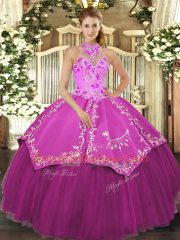 Customized Halter Top Sleeveless Lace Up 15th Birthday Dress Fuchsia Satin and Tulle