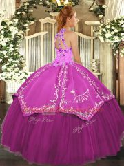 Customized Halter Top Sleeveless Lace Up 15th Birthday Dress Fuchsia Satin and Tulle