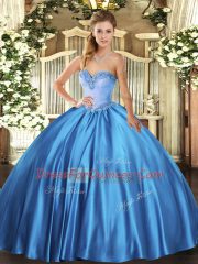 Baby Blue Ball Gowns Sweetheart Sleeveless Satin Floor Length Lace Up Beading 15th Birthday Dress