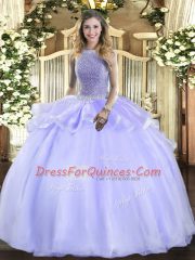 Customized Lavender Ball Gowns Square Sleeveless Organza Floor Length Lace Up Beading Sweet 16 Quinceanera Dress